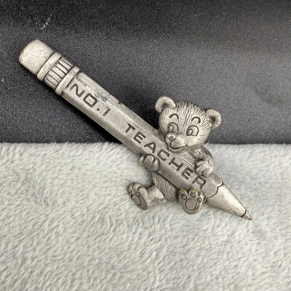Vintage JJ Brooch Teddy Bear Pencil No. 1 Teacher Silver Tone Signed Figural